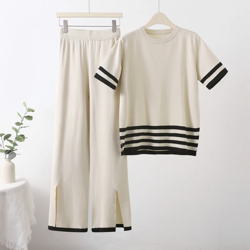 Knit Short Sleeve Tshirts Tops 2 Piece Sets Women Summer Striped Knitwear Tee Conjunto High Waist Split Wide Leg Pants Ensemble