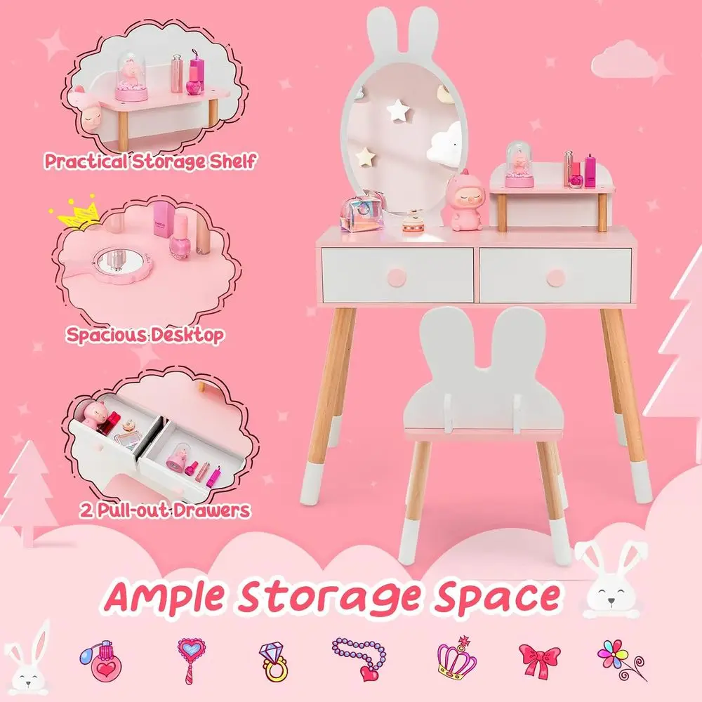 Kids Vanity Set, Girls Vanity Set with Mirror & Stool, 2 Large Ders, Storage Shel, Wooden PrincMakeup Dring Table, Kids Vanity T view 3