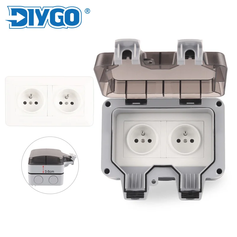 IP66 FR Standard 16A 250V Waterproof Outdoor Wall Power Socket Box Electrical Double Outlet for Home garden France DIY GO