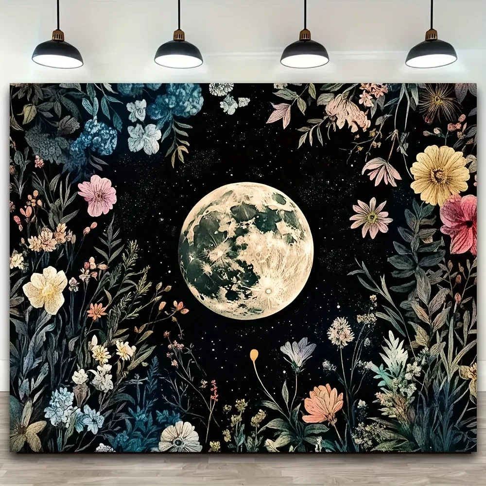 Boho Chic Moonlit Garden Tapestry - Vibrant Floral Wall Hanging with Black Background, Polyester