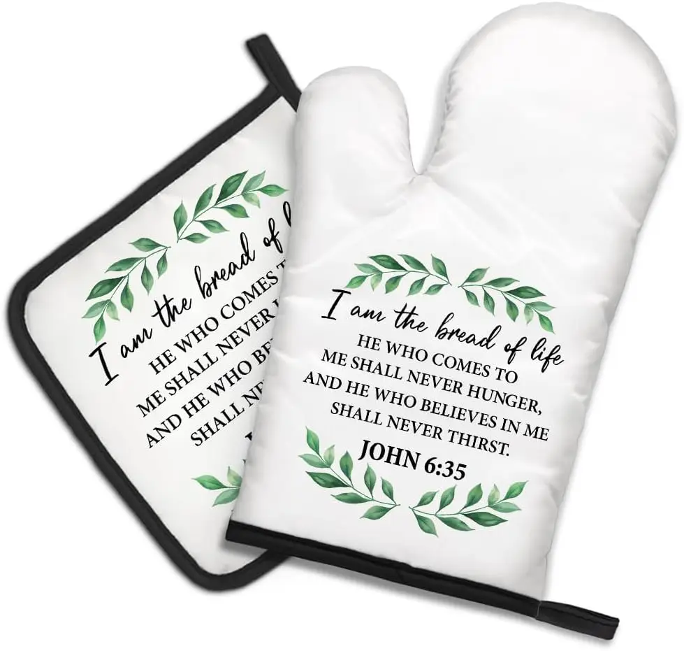 Verse Oven Mitts and Pot Holder Set, Farmhouse Kitchen Decor, Christian Birthday