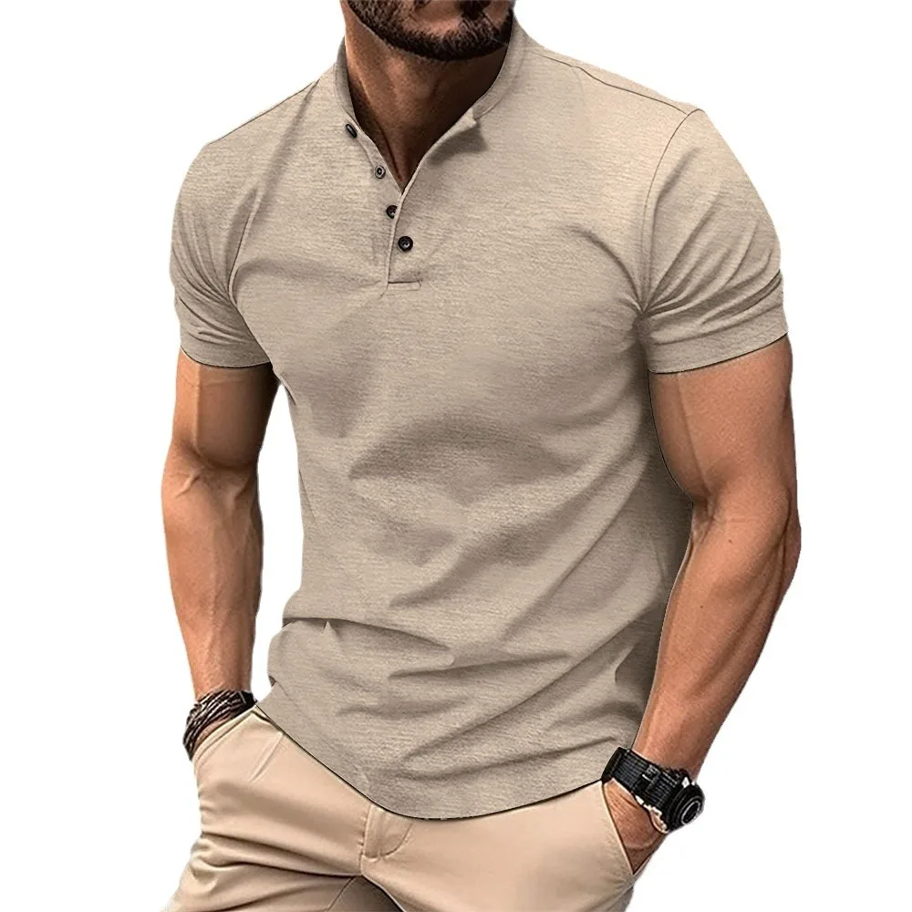 Summer Mens Casual Polo Shirt Henley Collar Solid Color Short Sleeve Polos Men Short Sleeve Tops Tees Anti Piling T Shirt