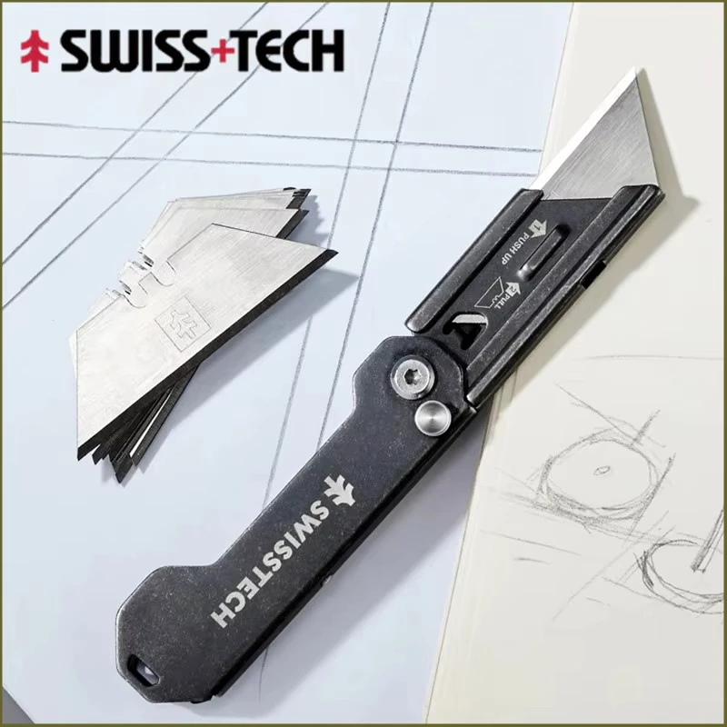 

Swiss Tech Folding Utility Knife Unpacking Express Knife Pocket Knife with Belt Clip Small Cutting Blade for Cutting Box Paper