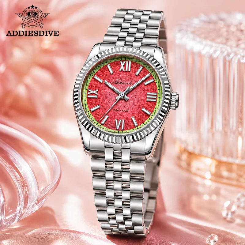 ADDIESDIVE Sapphire Crystal Ladies Quartz Watch Luxury VH31 100m Waterproof BGW9 Super Luminous Diving Woman Steel Wrisrtwatch
