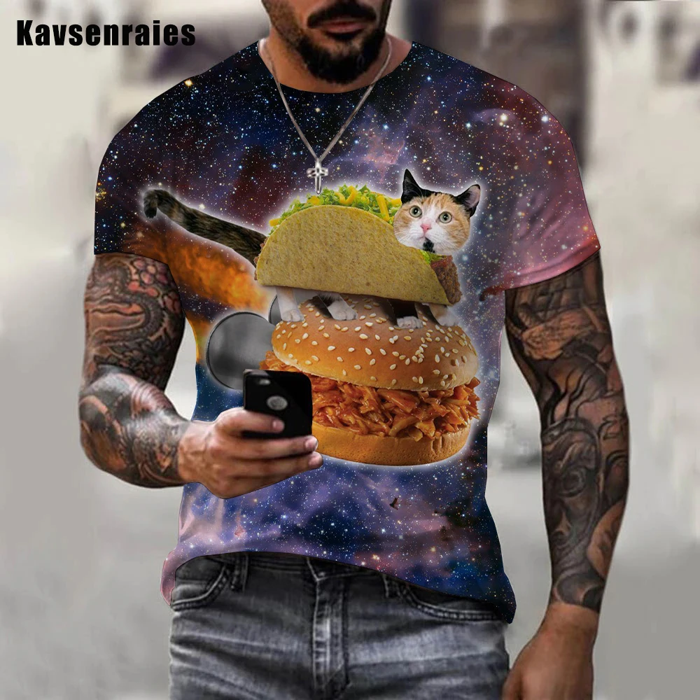 New Galaxy Space Colorful 3D T-shirt Lovely Animal Cat Eat Taco Pizza Printed T Shirt Men Women Hip Hop Fashion Casual Tops