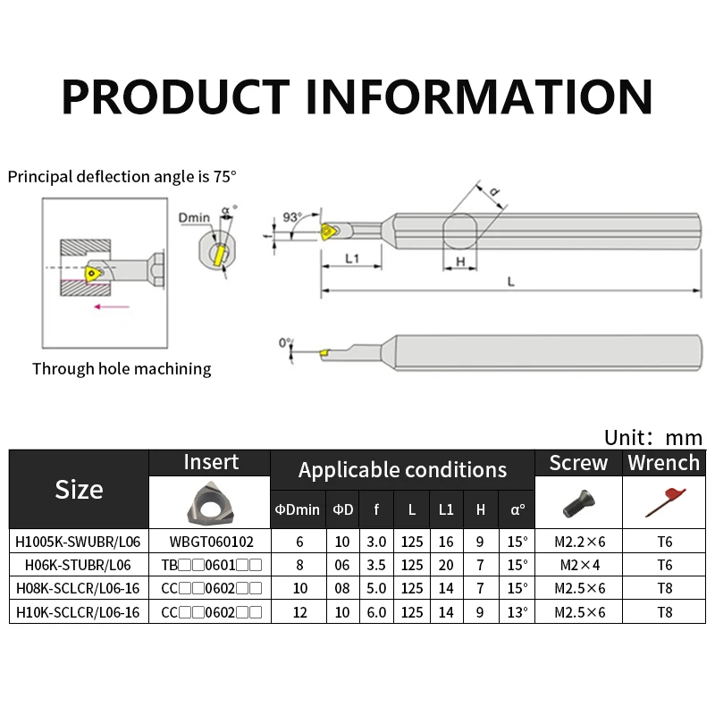 HSS Large handle small head turning tool bar H06K-STUBR06/H1005K-SWUBR06/ H10K-SCLCR06-16  Carbide Inserts TBGT/WBMT/CCMT