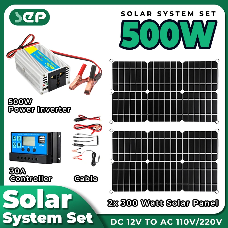 

solar panels 18V Power 300W-500W Inverter 30A Controller solar system for home complete kit solar powered generator Camping Home