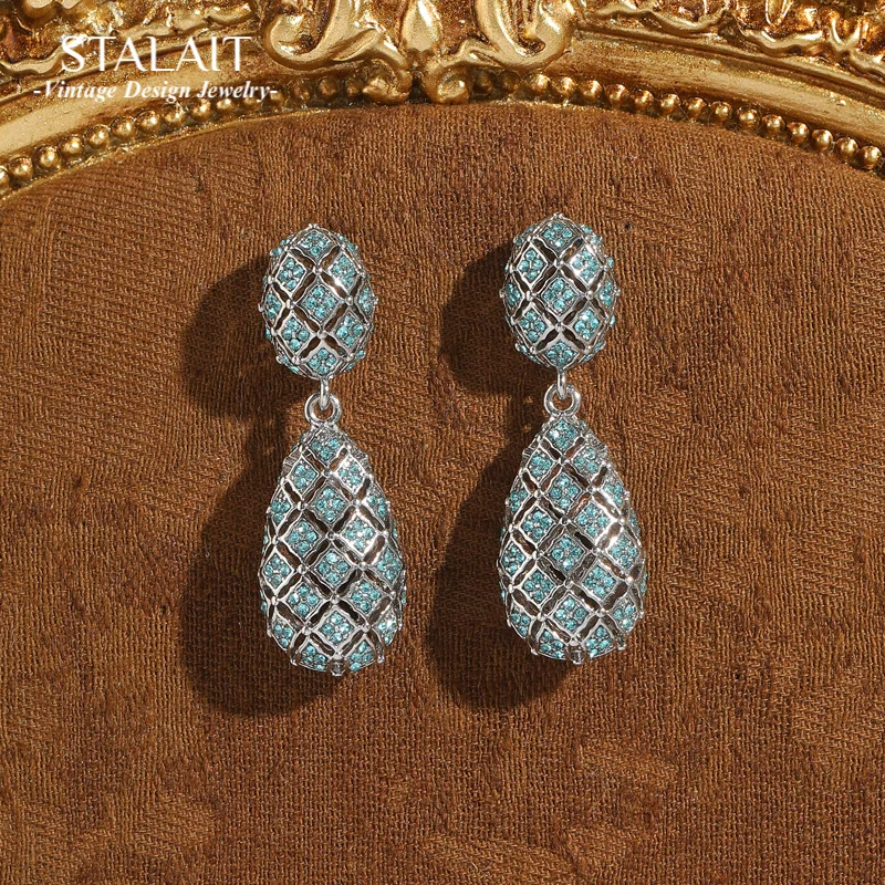 

Vintage Hollow Drop Dangle Earrings Woman Silver Color Blue Rhinestones Cross Geometric Water Droplet Pendant Accessories 2025