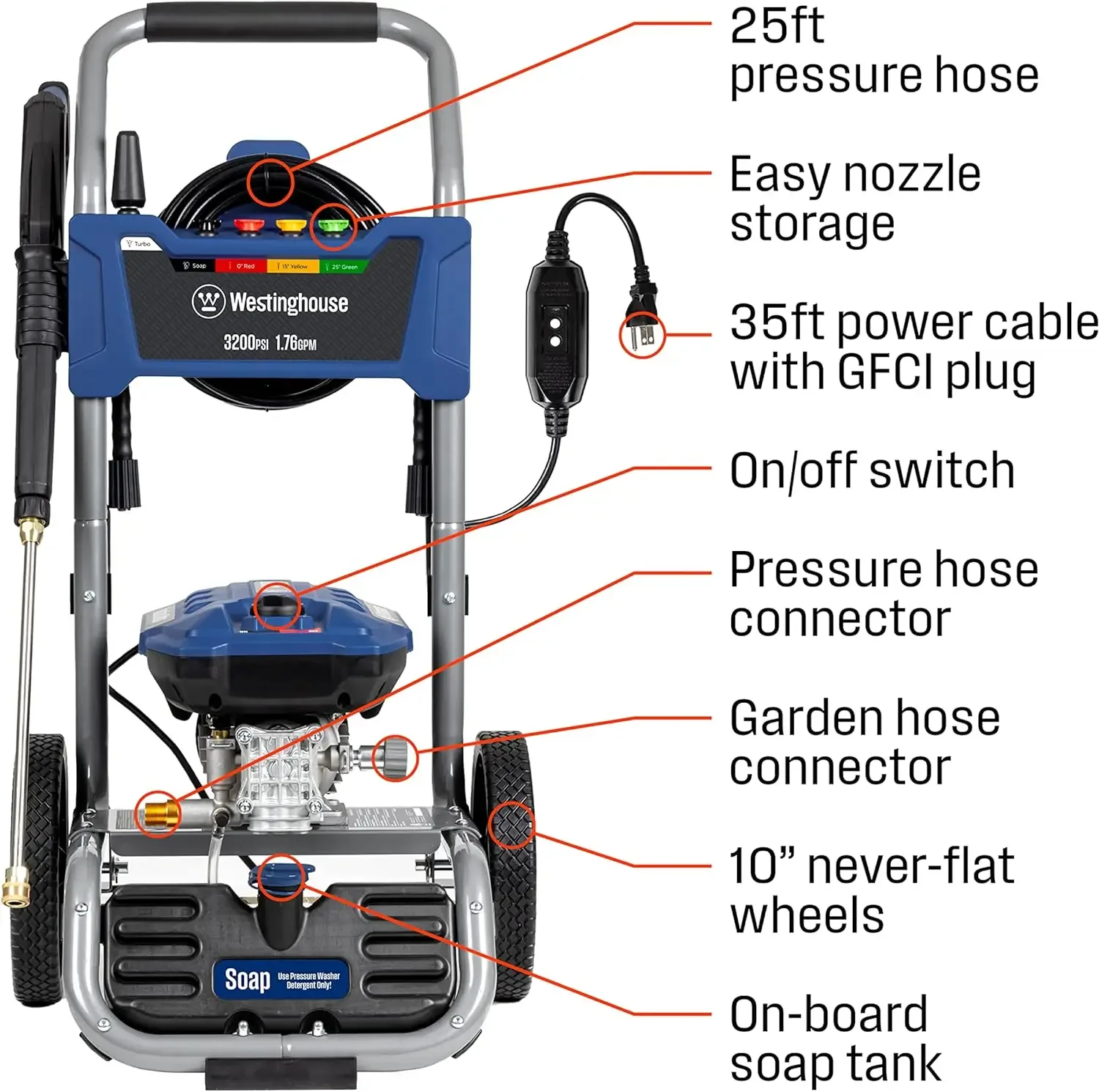 Westinghouse-電気高圧洗浄機,誘導モーター,石鹸タンク,スプレーガンとワンド,3200 psi,最大1.76 gpm,wpx3200e