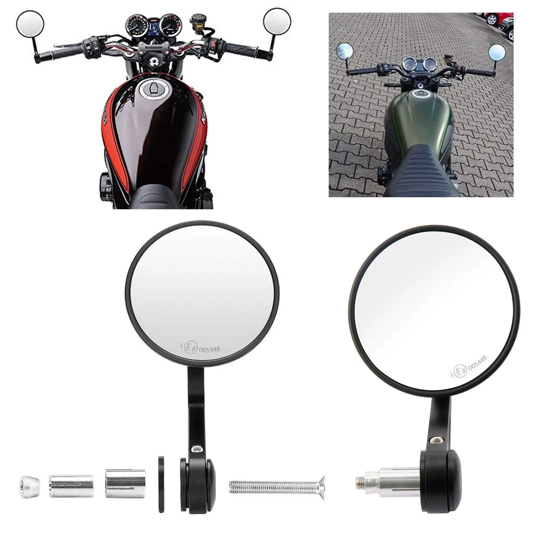 1 Pair of Universal Rear View Round Motorcycle Scooter Side Mirrors Handlebar Mounting Rod Diameter 13-19