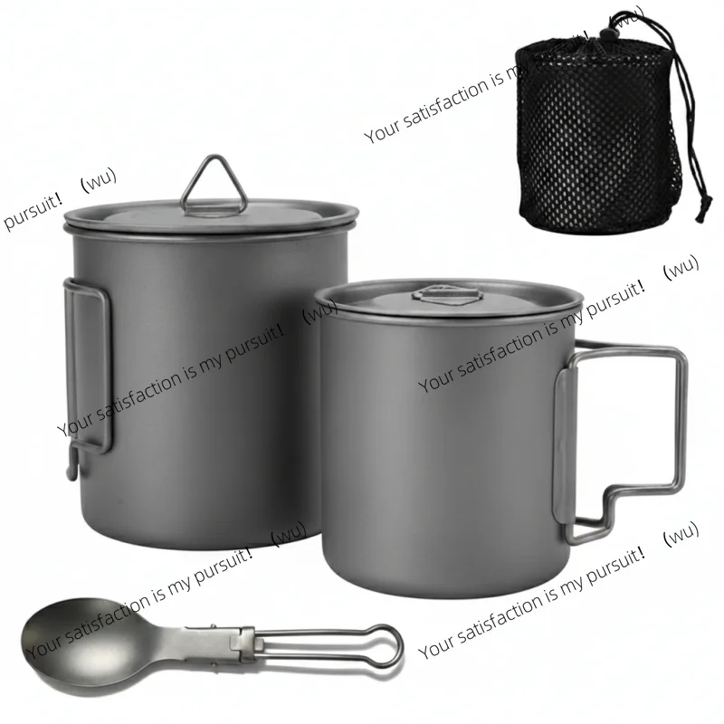 Titanium outdoor camping cookware set with folding water cup (420/750ml), including 750ml pot, lightweight and portable