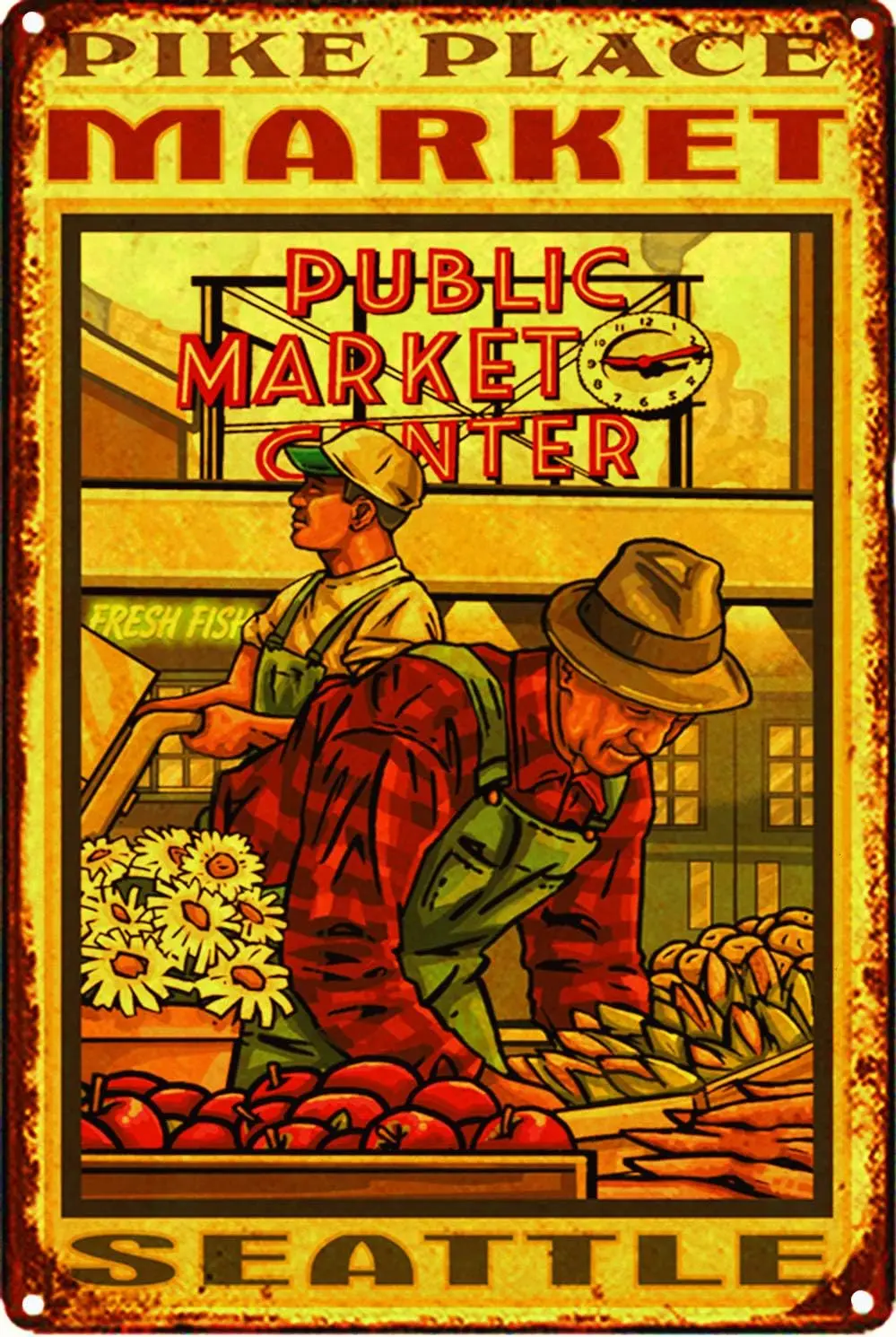 Metal Decorations for Outside Pike Place Market Seattle Public Market Center Rust Tin Sign Retro Art Home Kitchen Bar Garage Gar