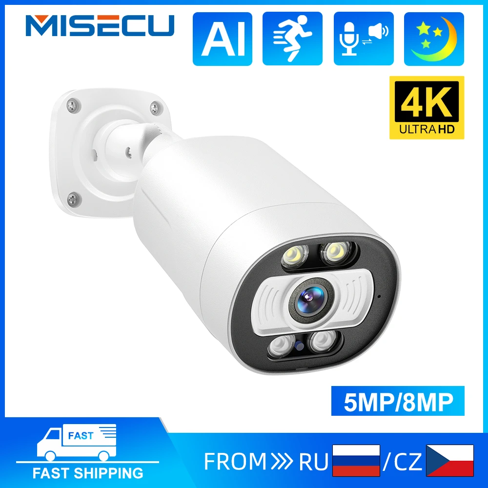 MISECU 4K POE Security Camera 8MP 5MP Outdoor CCTV Camera Two Way Audio Full Color Night Vision Home Security Protection