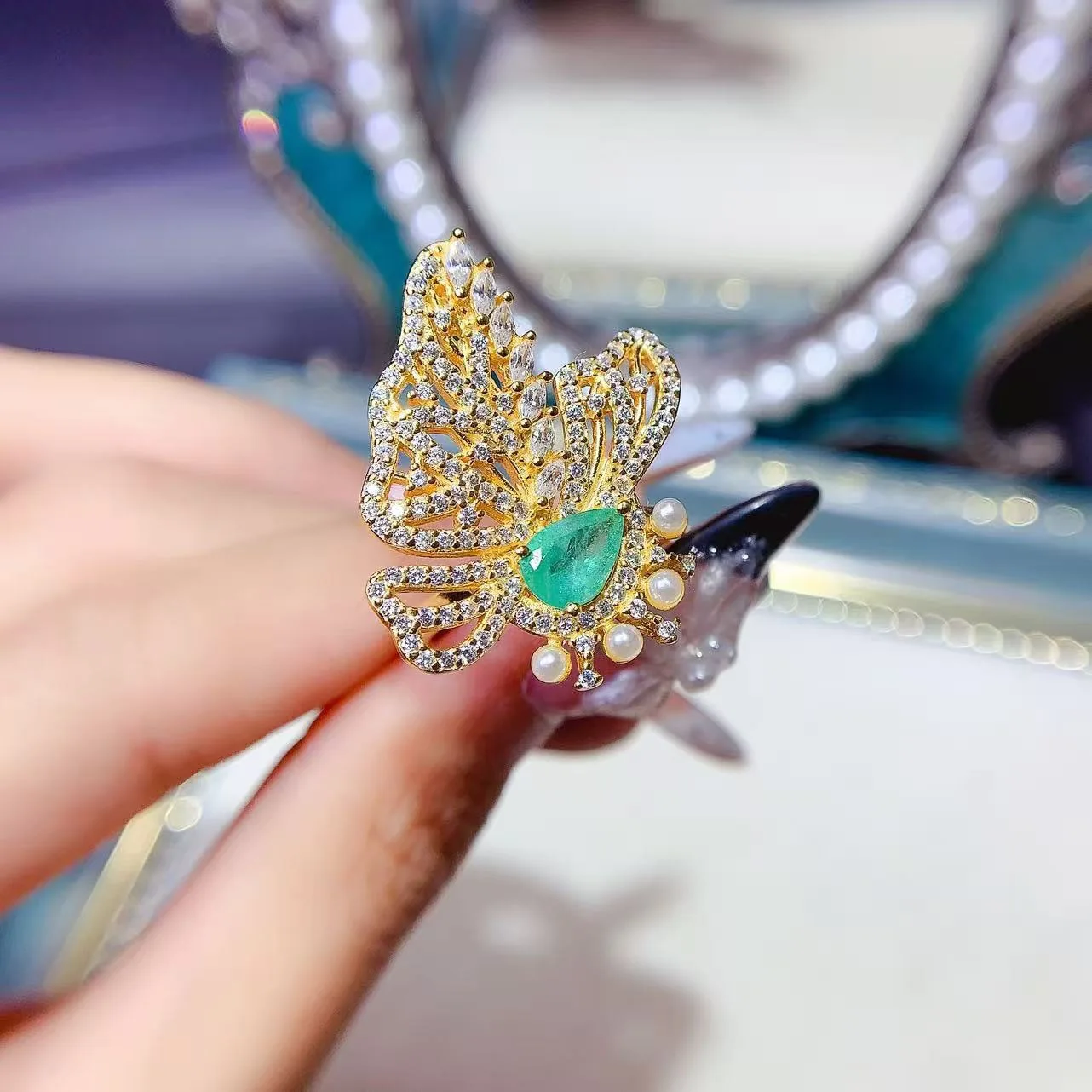 

Кольцо с натуральным изумрудом 5*7 мм, стерлинговое серебро S925, сертификат, роскошный дизайн бабочки, изысканные очаровательные свадебные украшения для женщин FS