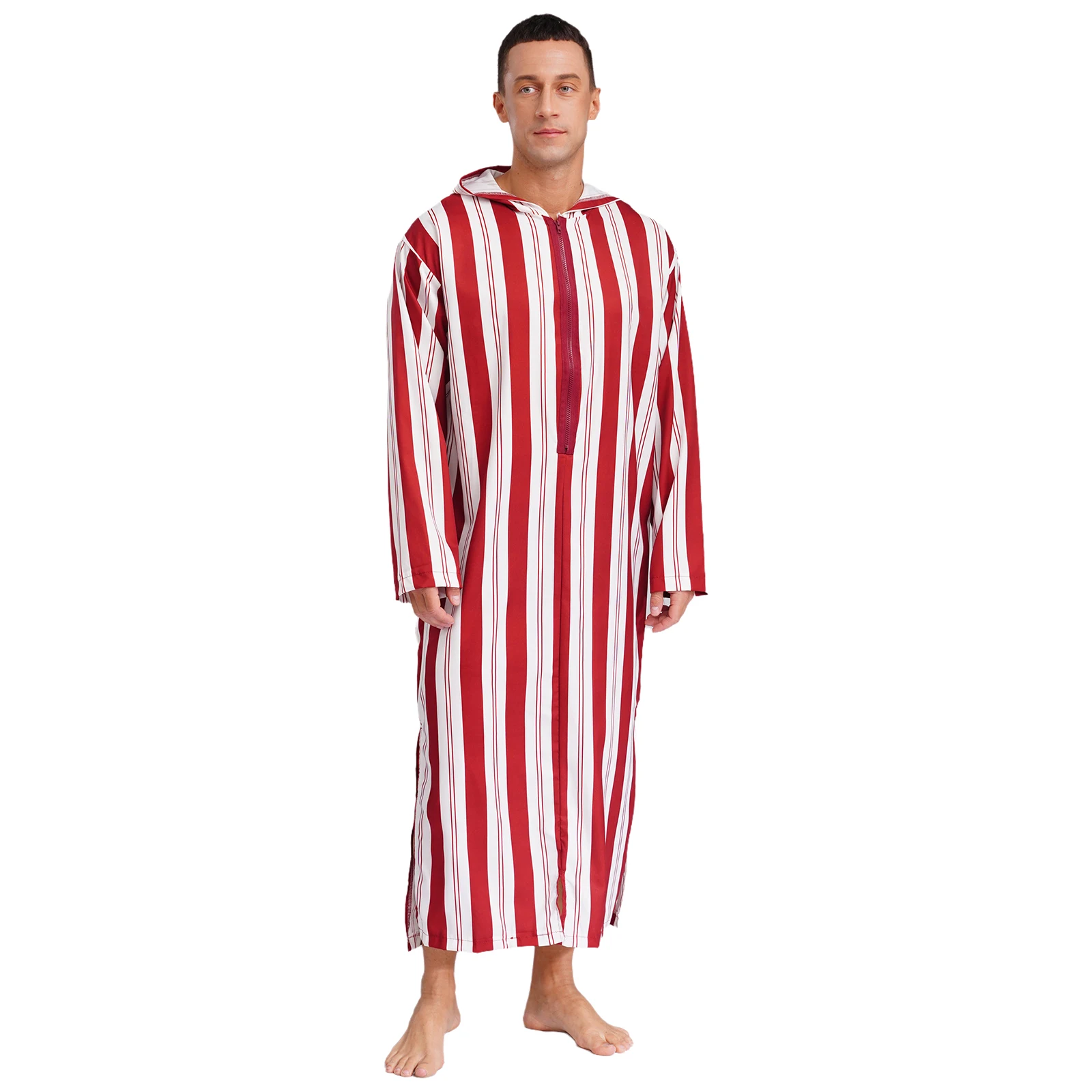 Mens Islamic Muslim Hooded Robe Shirt Long Sleeve Pullover Printed Loose Caftan Arab Thobe for Party Festival Cosplay Costumes