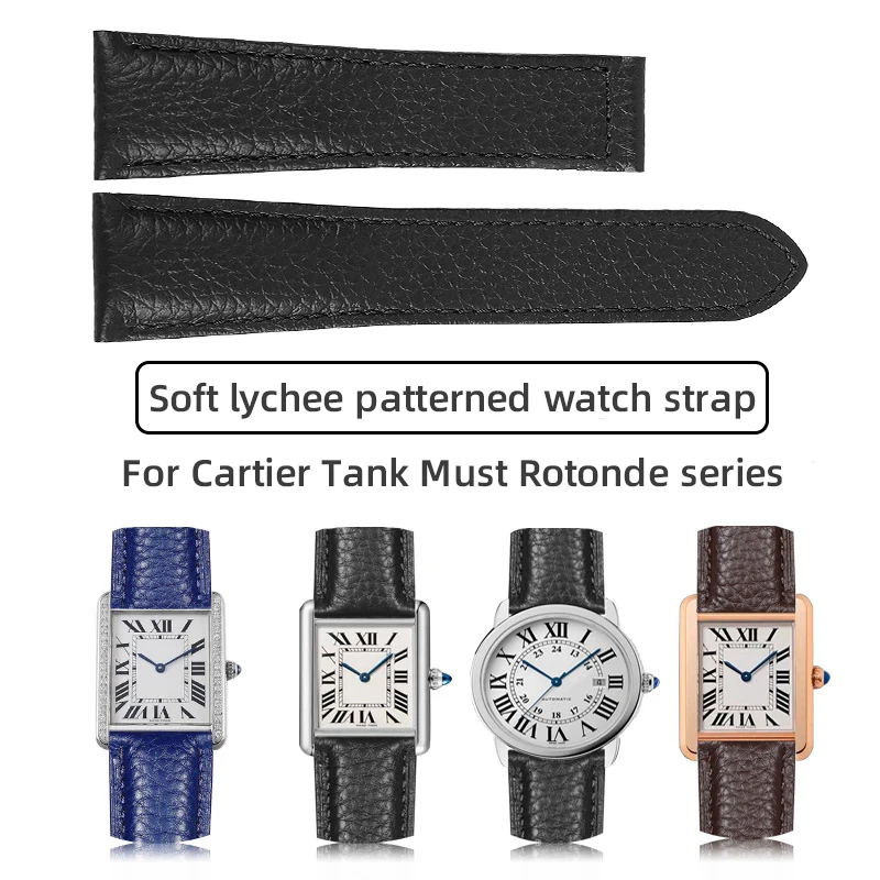 

Для Cartier Rotonde Tank Must ремешок, мужской и женский мягкий ремешок с рисунком личи, черный, коричневый, синий, ремешок для часов 17 мм, 18 мм, 20 мм, 22 мм
