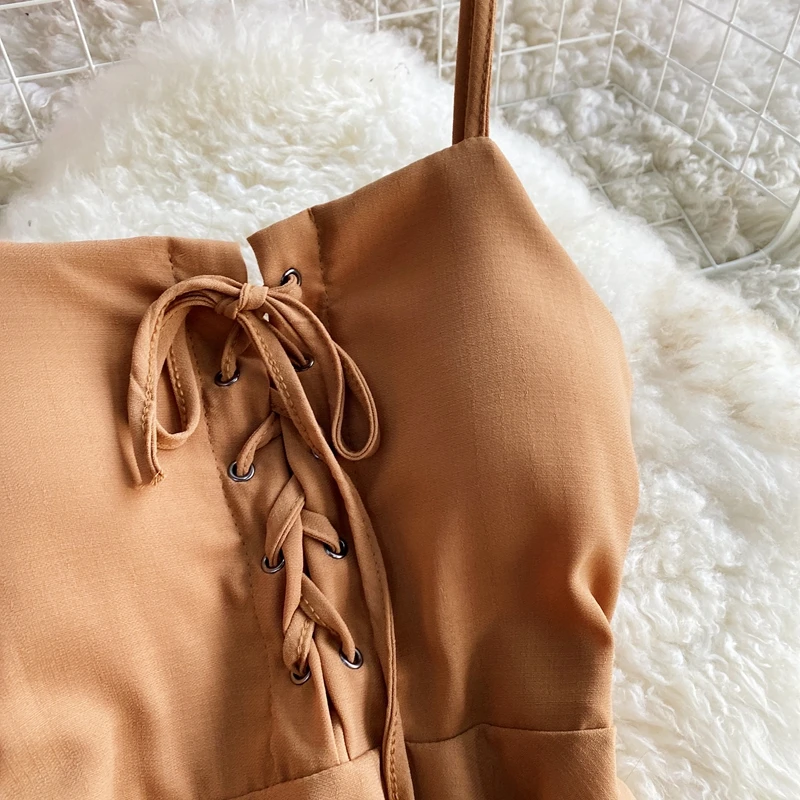 Vestido de playa Sexy liso para mujer, vestido de tirantes con cuello en V, sin mangas, cintura alta, faja, atado