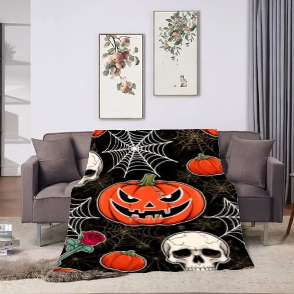 Bolso de mano con estampado de Jack-o'-Lantern de Halloween espeluznante: calabaza naranja grande con cara agrietada, telarañas blancas y detalles de calavera, P