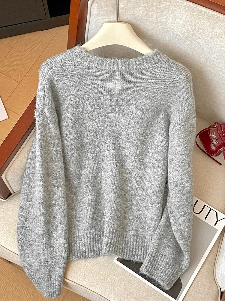 Women's Grey Bow Pullover Sweater Harajuku Korean Y2k Long Sleeves O-Neck Cashmere Sweaters Jumper Vintage 2000s Clothes Autumn