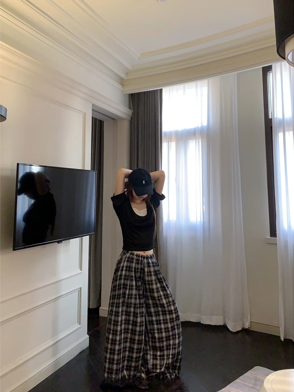 

Брюки FANCHOU в клетку, тонкие, широкие, женские, летние, новые, с высокой талией, стройнящие, повседневные, длинные, для офиса