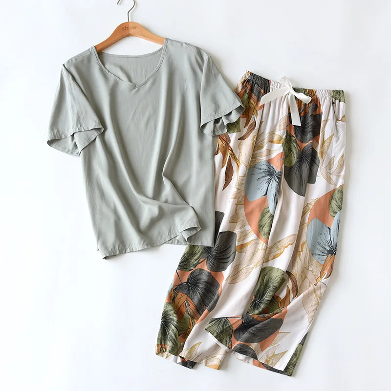 

New Summer Pajamas For Women Floral 2 Piece Set Home Wear Short Sleeve Sleepwear Loose Room Wear Ladies Pyjama Femmes