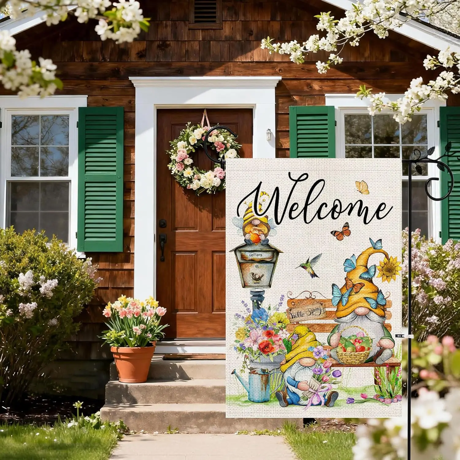 Spring Welcome Garden Flag 12 x 18 inch Double Sided Outside decorations, Spring Summer Gnomes Flower Small Garden Flags for WWP