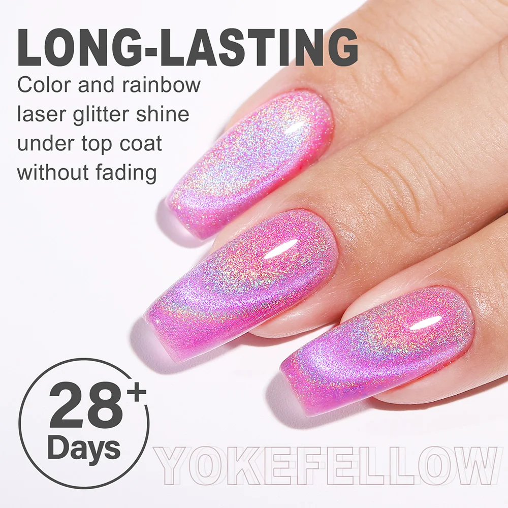 YOKEFELLOW 2023New Cat Eyes Magnetic Gel Nail Polish Holographic Rainbow RC03 Mixed by Purple Clear Semi permanent Gel Varnish