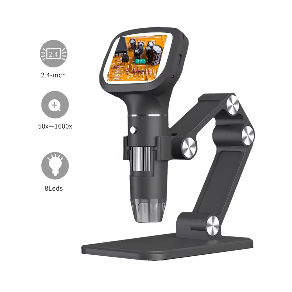 

XBDTC 2.4 inch Digital Microscope 1600X Magnification Coin Microscope with Stand with 8 LEDs Soldering Microscope for Repair