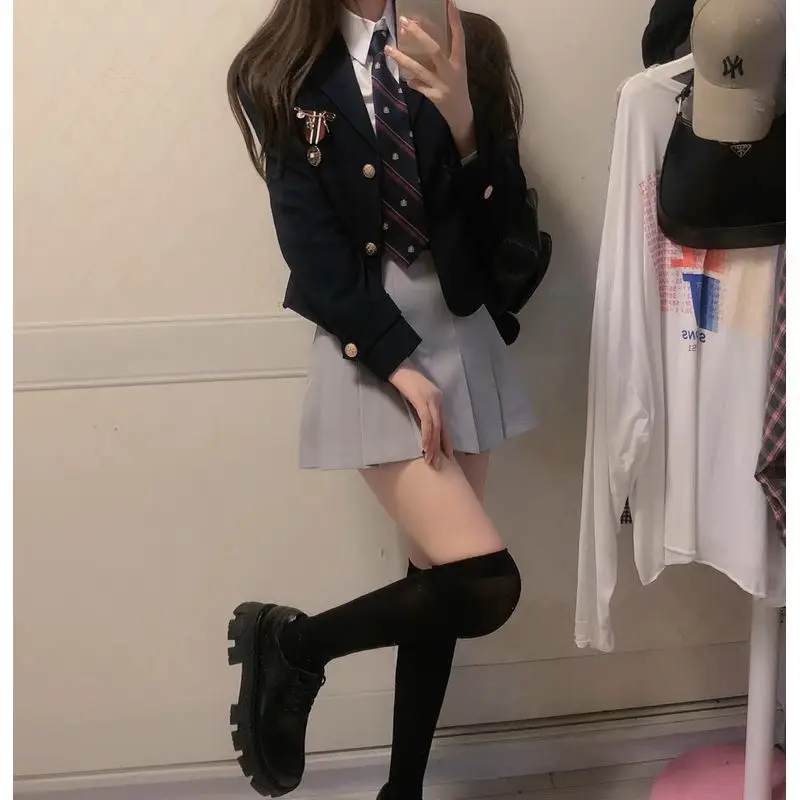 韓国制服スーツジャケットシャツハイウエストプリーツスカート女性 JK 制服セット和風春の新 JK 制服セット