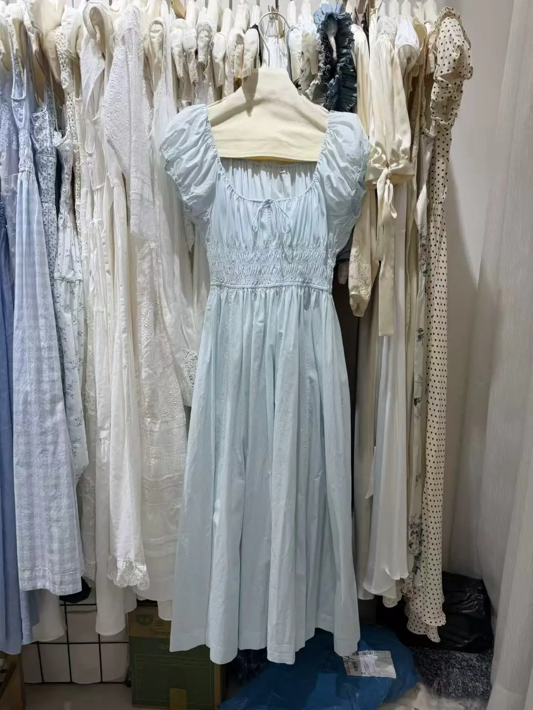 

2026 Summer Women Blue Midi Dress Drawstring U-Neck Elastic Waist Short Sleeve Casual Female Cotton Robe