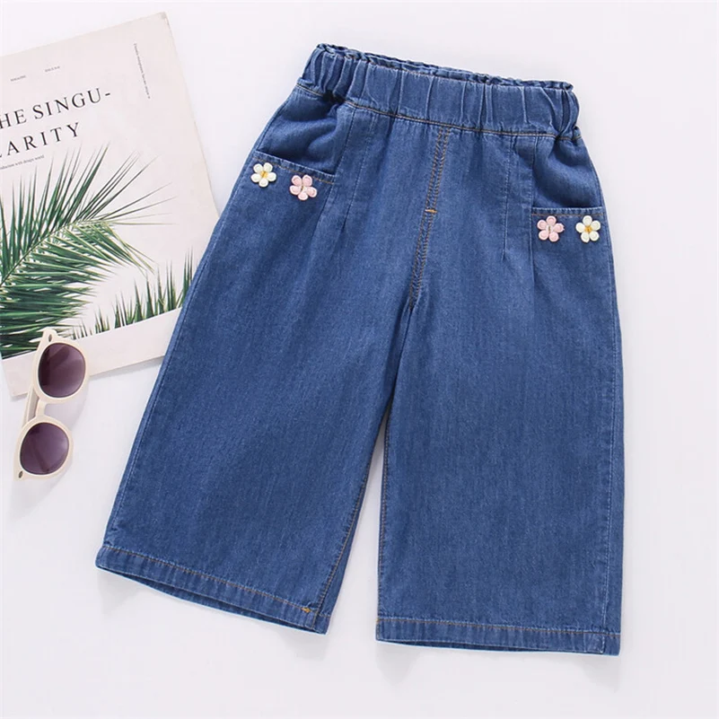 2024 Spring and Autumn Boys Versatile Fashion Solid Color Flower Pattern Wide Leg Jeans/Casual Pants 1-6 Years Old