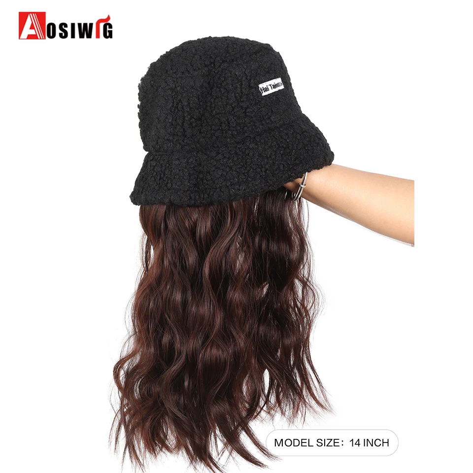 Synthetic Long Fashion Water Ripple Hair Wig With Black With Letter Lamb Wool Hair Bucket Hat For Women Autumn Winter Warm Hat F