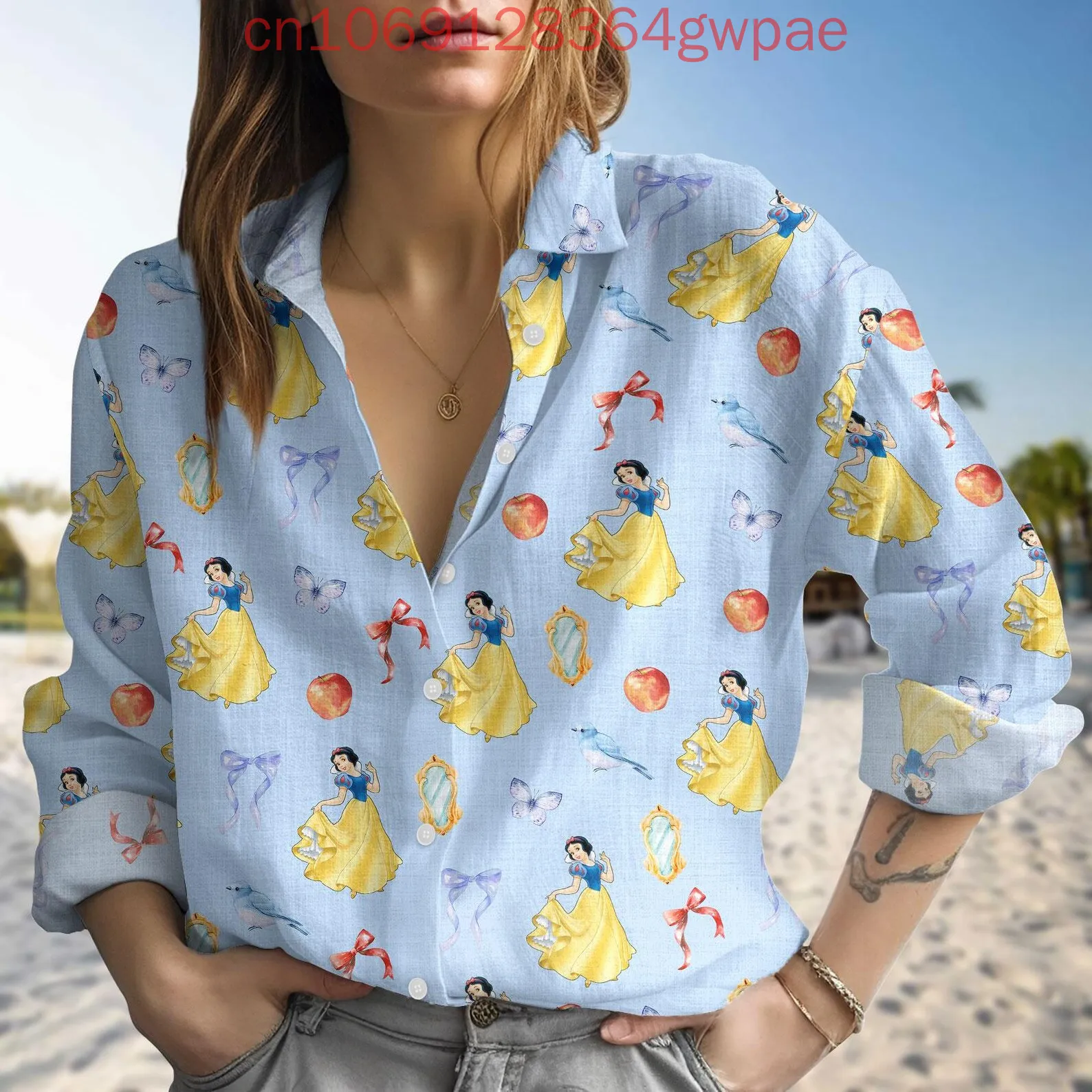 

Disney Snow White Princess Women's Blouses Shirt Casual Buttons Up Long Sleeve Shirt Summer Stylish Elegant Women Shirts Tops