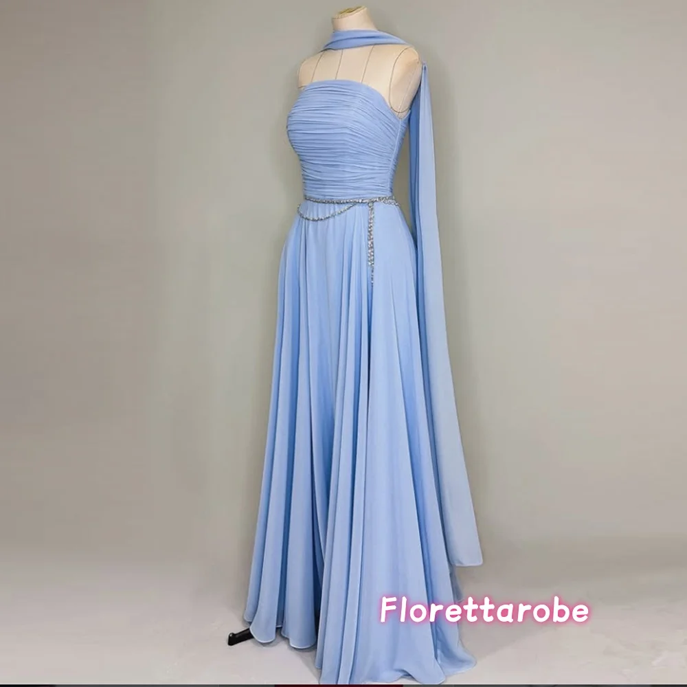 Customized Luxury Sky Blue Chiffon Crystal and Sequined Prom Dress  Modern Ribbons Evening Dresses A-Line Party Gowns