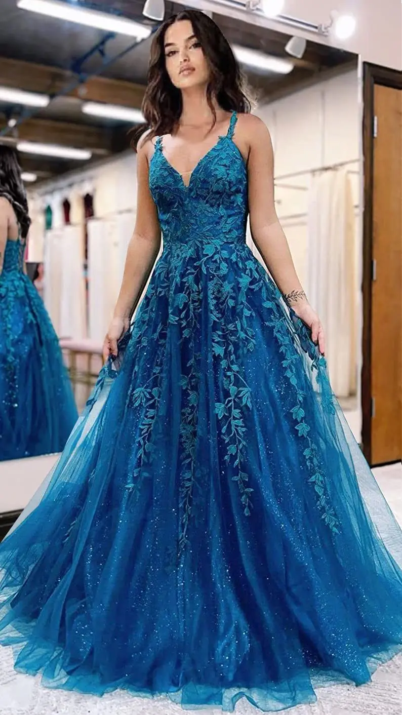 

Spaghetti Strap Tulle Long Prom Dress With Appliqued Graduation Women Elegant Evening Gowns For Wedding Party Special Occasion