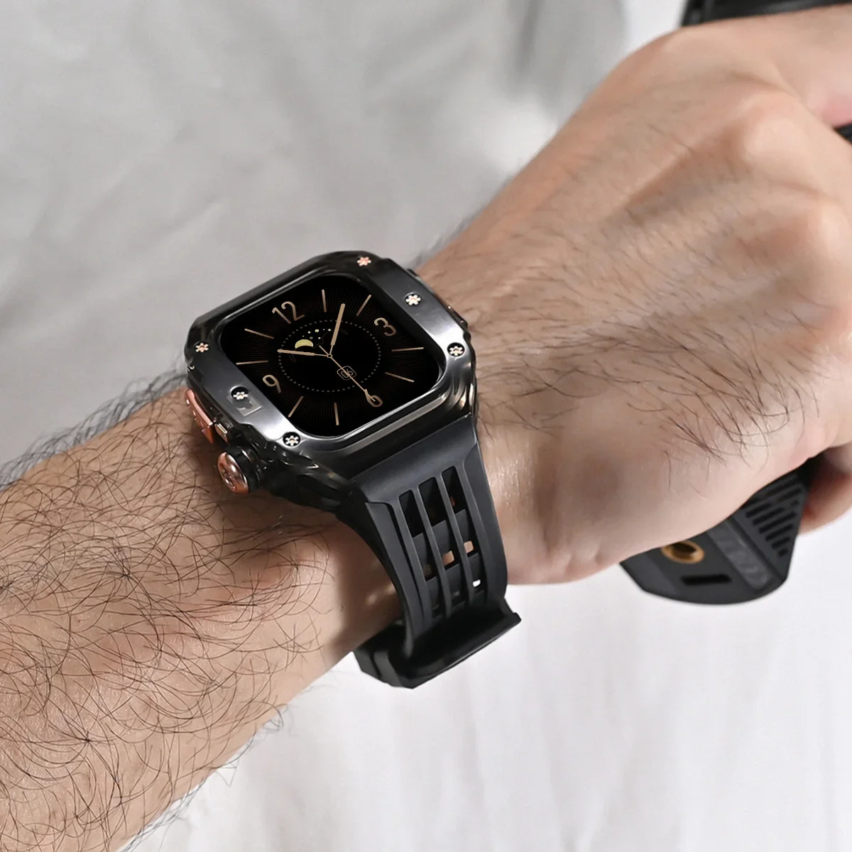 Luxury Modification Kit for IWatch Series 9 8 7 6 5 4 SE 45MM 44MM Transparent Case+Rubber Strap for Apple Watch 9 45mm Mod Band