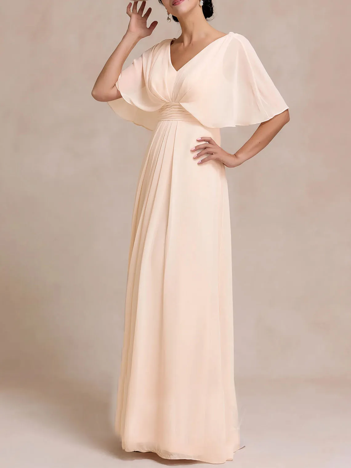 

Elegant V-Neck Half Sleeves Chiffon A-Line Wedding Guest Dress with Ruffles Floor-Length Formal Gown 2025 Free Customized