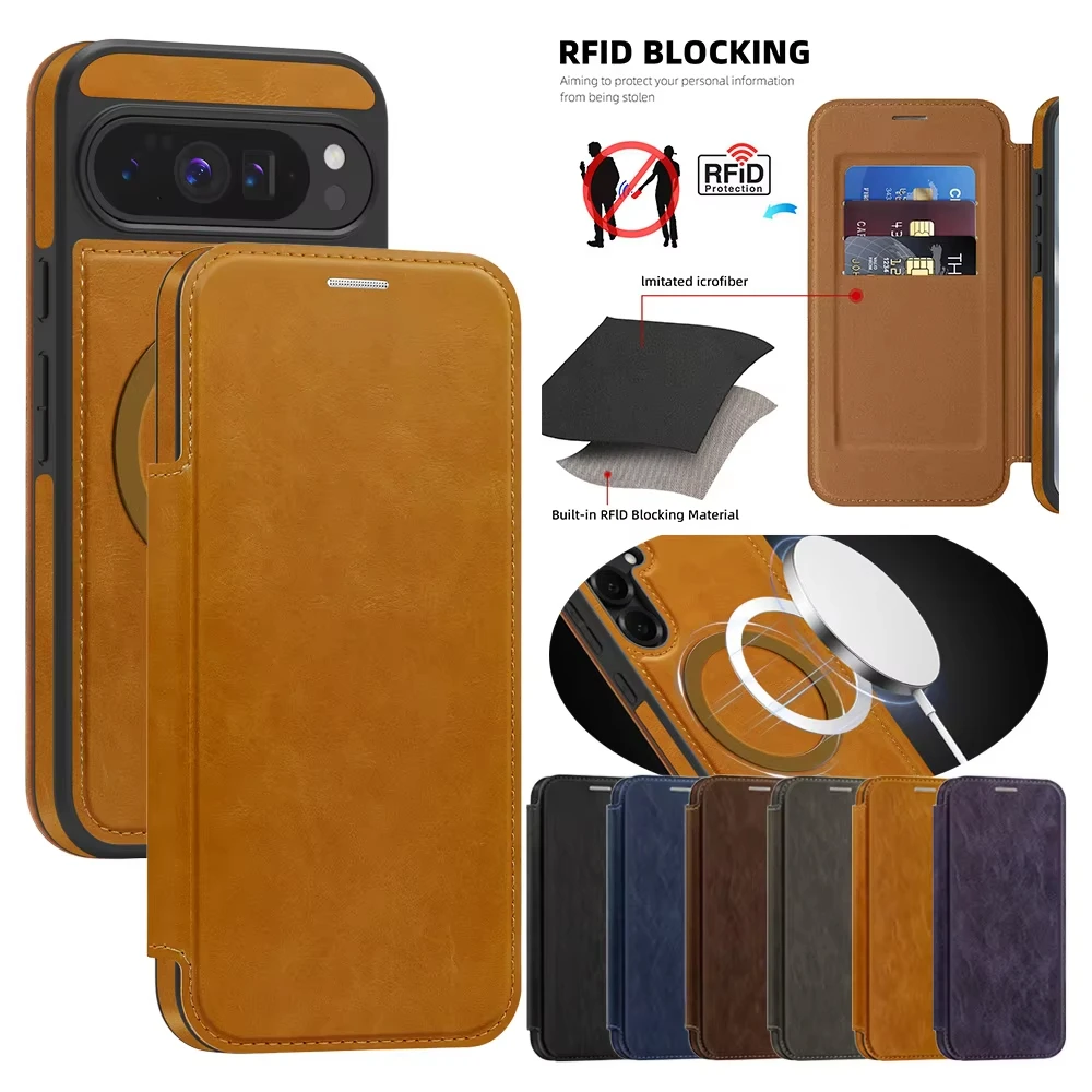 

Magnetic Leather Flip Case For Google Pixel 10 10Pro XL 9 9A 9Pro XL 8 Pro for Magsafe Charging Cover Cards Slot Phone Bumper