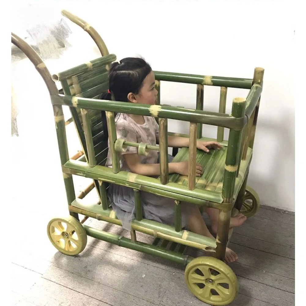 Handmade summer bamboo four wheeled handcart can stand, sit, and sleep on children's bamboo carts made of bamboo vines