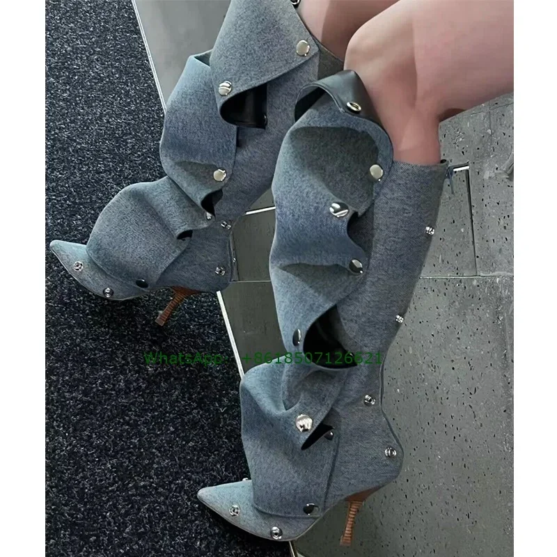 Denim Pointed Toe Ruffled Metal Buckle Boots Sexy Fashion Stiletto Knee High Boots