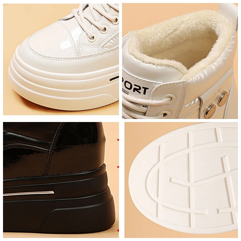 Fujin 8cm Genuine Lesther Autumn Winter Motorcy Ankle Boots Cross Tied Keep Warm Thick Bottom Lace Up Comfy Plush Spring Shoes