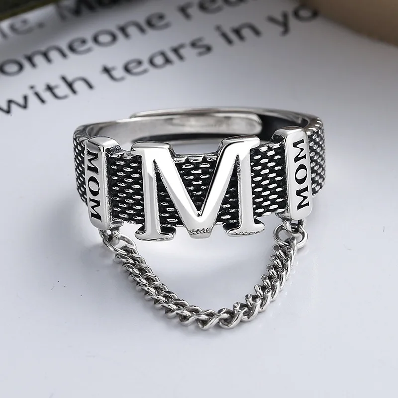 S925 Sterling Silver Trend Letter M Fringe Character Made Old Chain Opening Ring