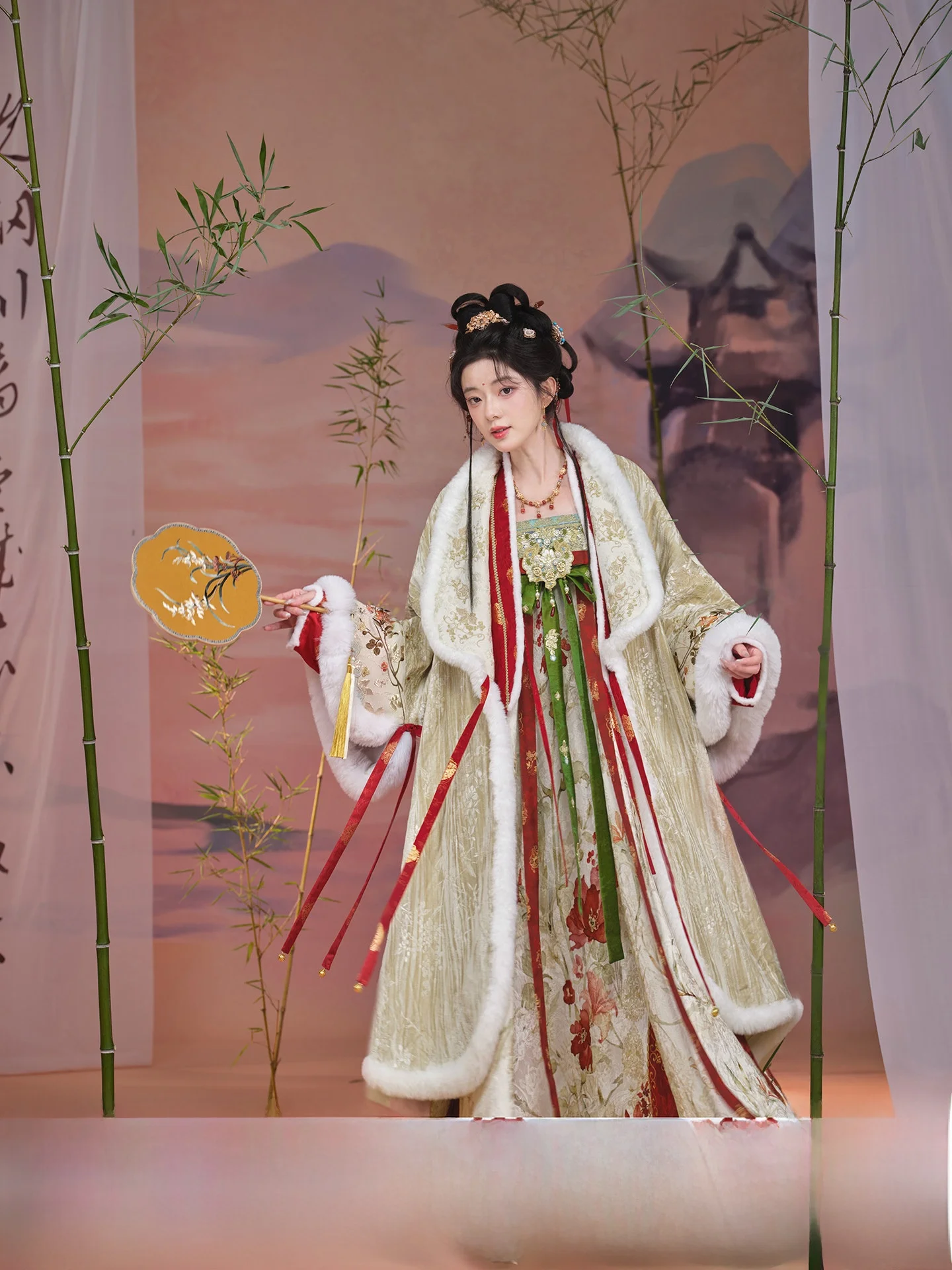 

Теплая верхняя одежда Hanfu из искусственного меха, женское длинное пальто с цветочным принтом Pred, цветочный дизайн, Sli, облегающее волокно из полиэфирного волокна