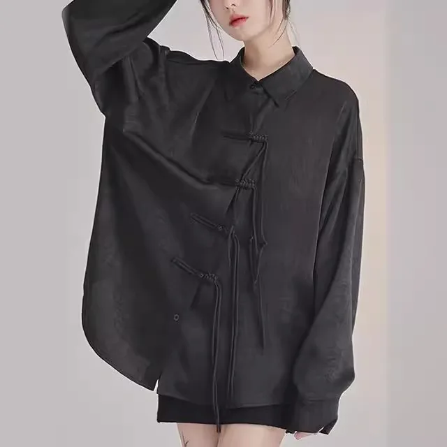 Blus hitam elegan Perancis Baru kerah Lapel longgar wanita Korea perban silang manis kemeja indah Single Breasted Streetwear