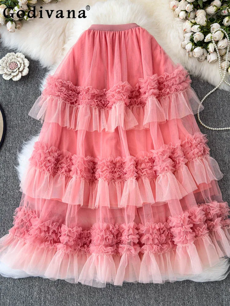 

Summer Elastic Waist A-line Fairy Contrasting Gauze Skirt Female High Waist Heavy Industry Big Swing Korean Version Cake Skirts