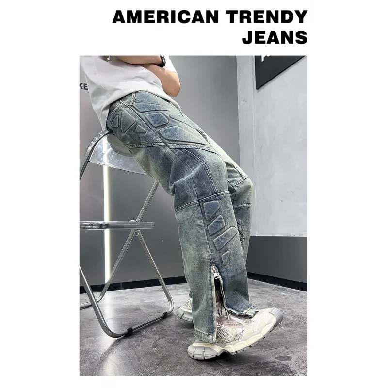 Street shooting loose printed straight pattern high-end men's jeans fashion retro blue wide-leg hollow zipper casual jeans