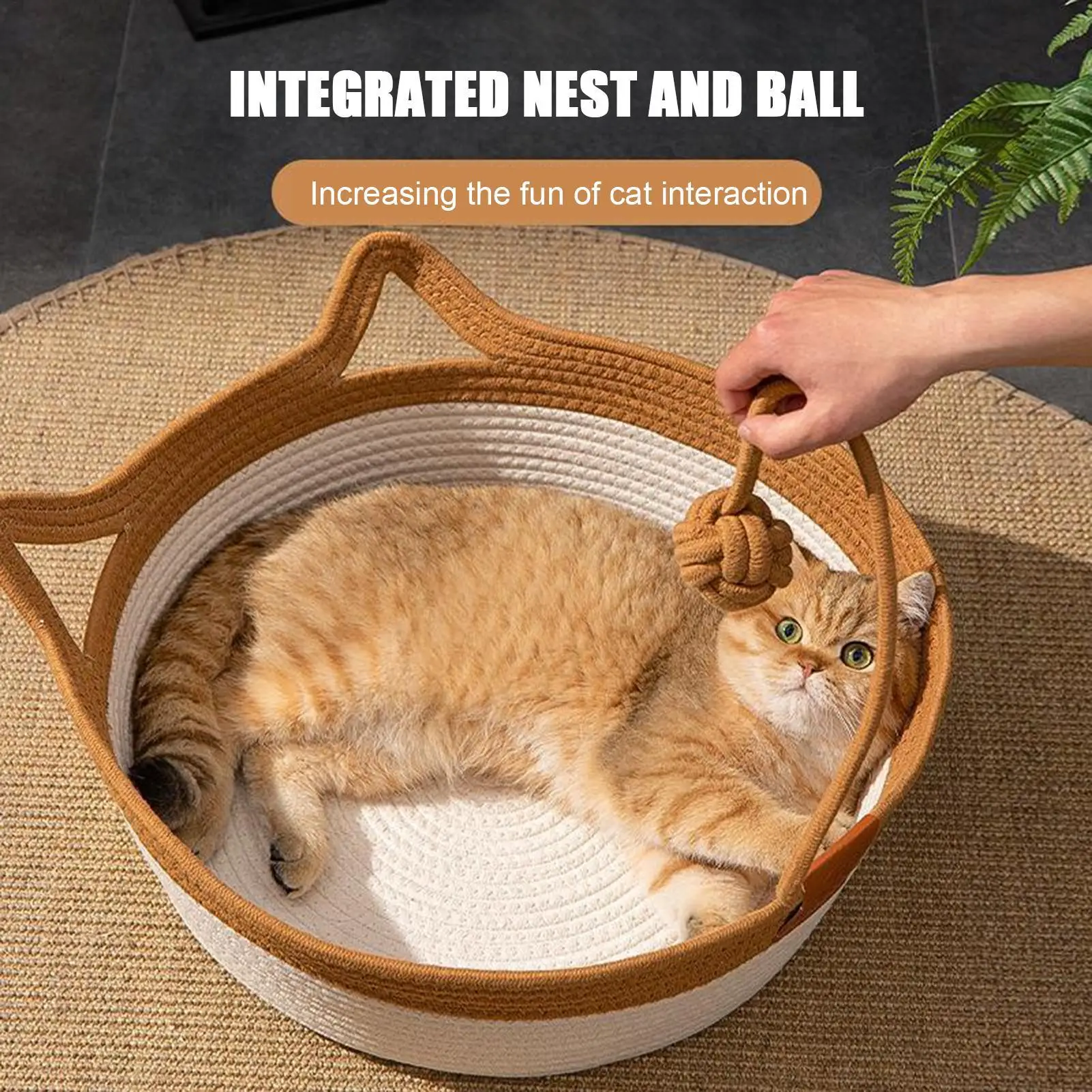 Washable Foldable Cotton Rope Cat Sleep Nest With Includes Fun Cat Teasing Ball For Indoor Kittens Puppies Comfortable Nap Time