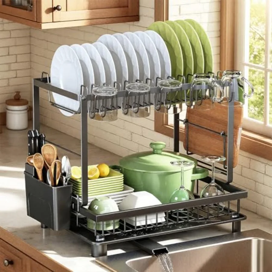 

Dish Drying Rack, 2 Tier Space-Saving Dish Rack, Multifunctional Dish Drainer for Kitchen Counter with Drainboard/Utensil/Cup H