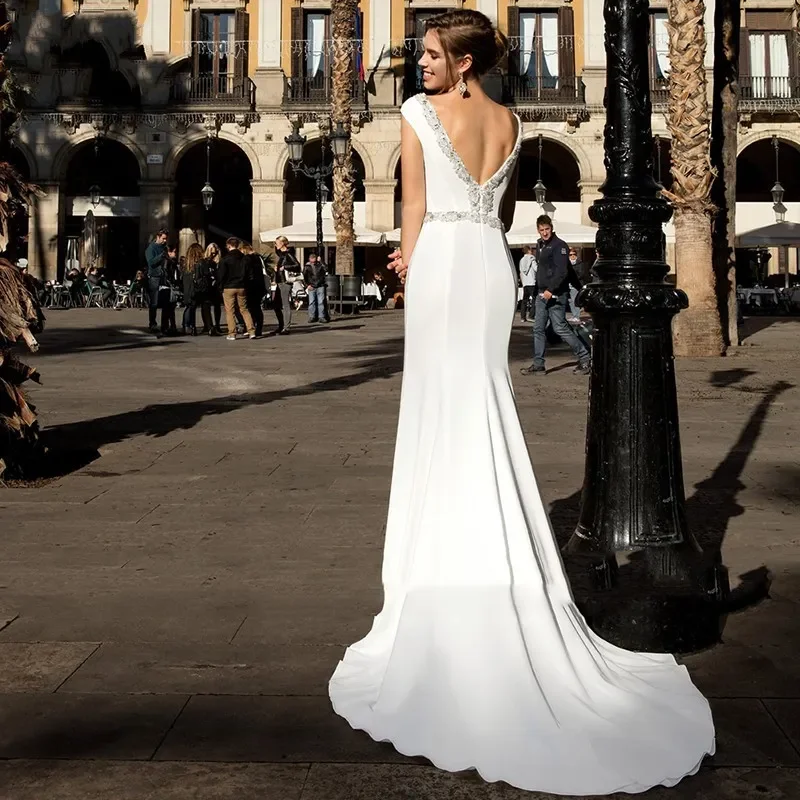 Mermaid Long Wedding Dress 2026 Vestido de Novia Satin Beaded Cap Sleeve Backless Bridal Gowns