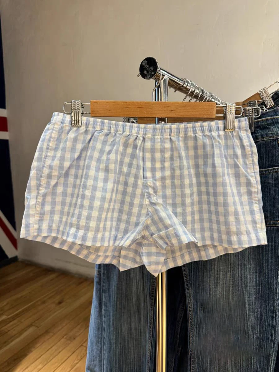 Short droit à carreaux coeur bleu pour femme, taille élastique, pantalon court doux décontracté, pantalon en coton Y2K, sous-vêtement vintage pour la maison, été